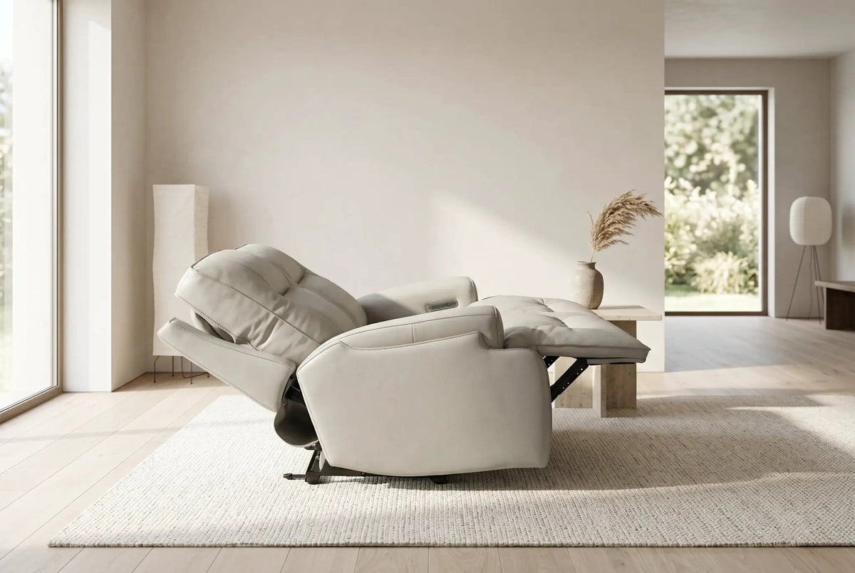 Power Reclining Sofa Set | Fog Leather | 2 Piece Model | Features Fridge