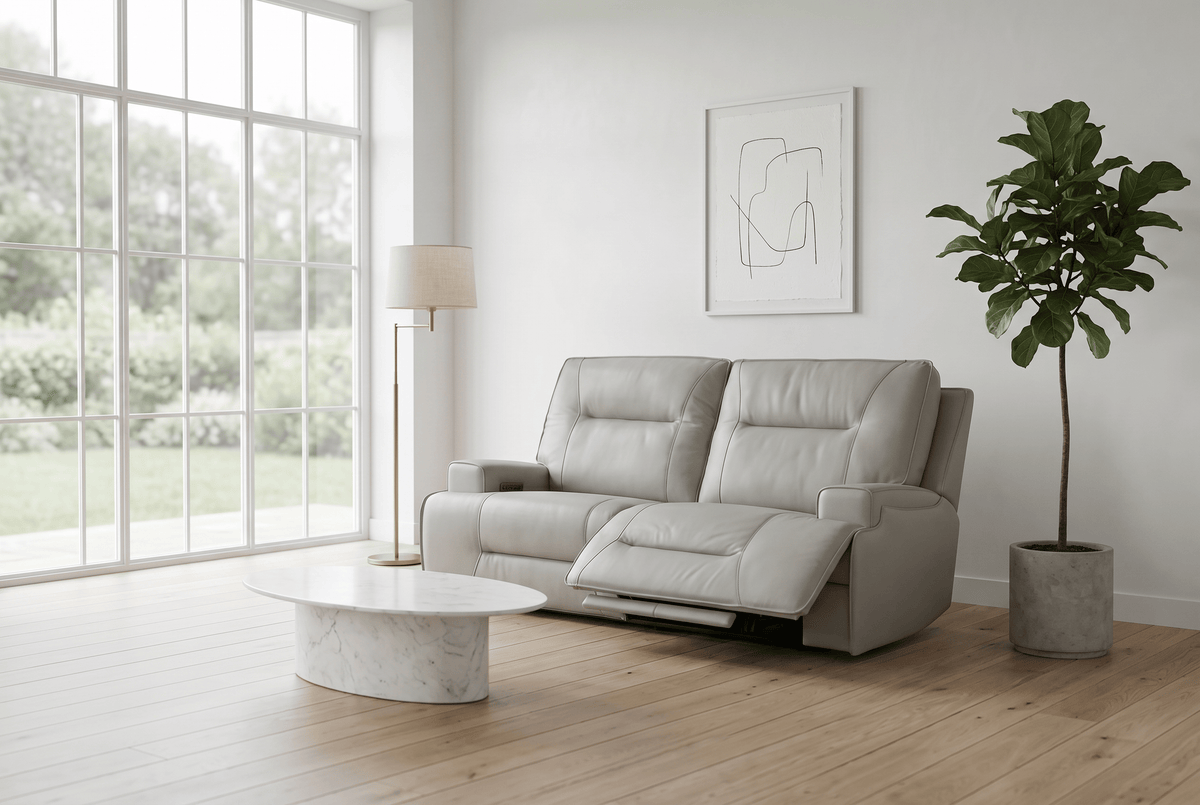 Power Reclining Sofa Set | Fog Leather | 2 Piece Model | Features Fridge