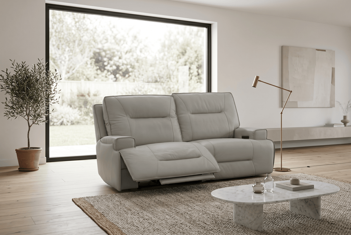 Power Reclining Sofa Set | Fog Leather | 2 Piece Model | Features Fridge