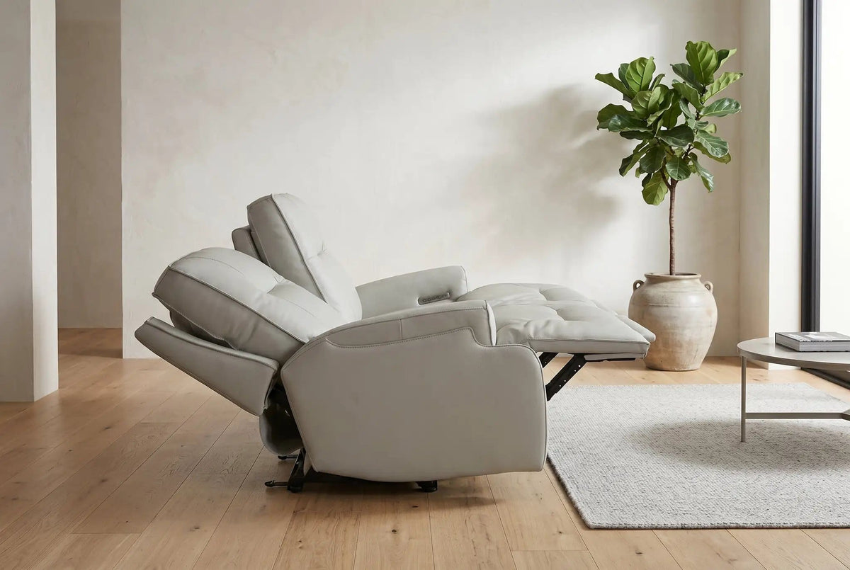 Power Reclining Sofa Set | Fog Leather | 2 Piece Model | Features Fridge