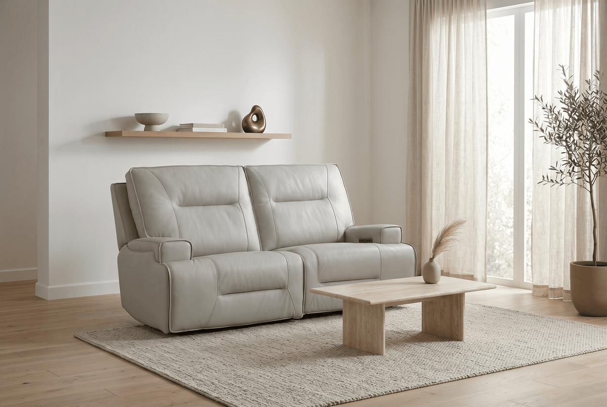 Power Reclining Sofa Set | Fog Leather | 2 Piece Model | Features Fridge