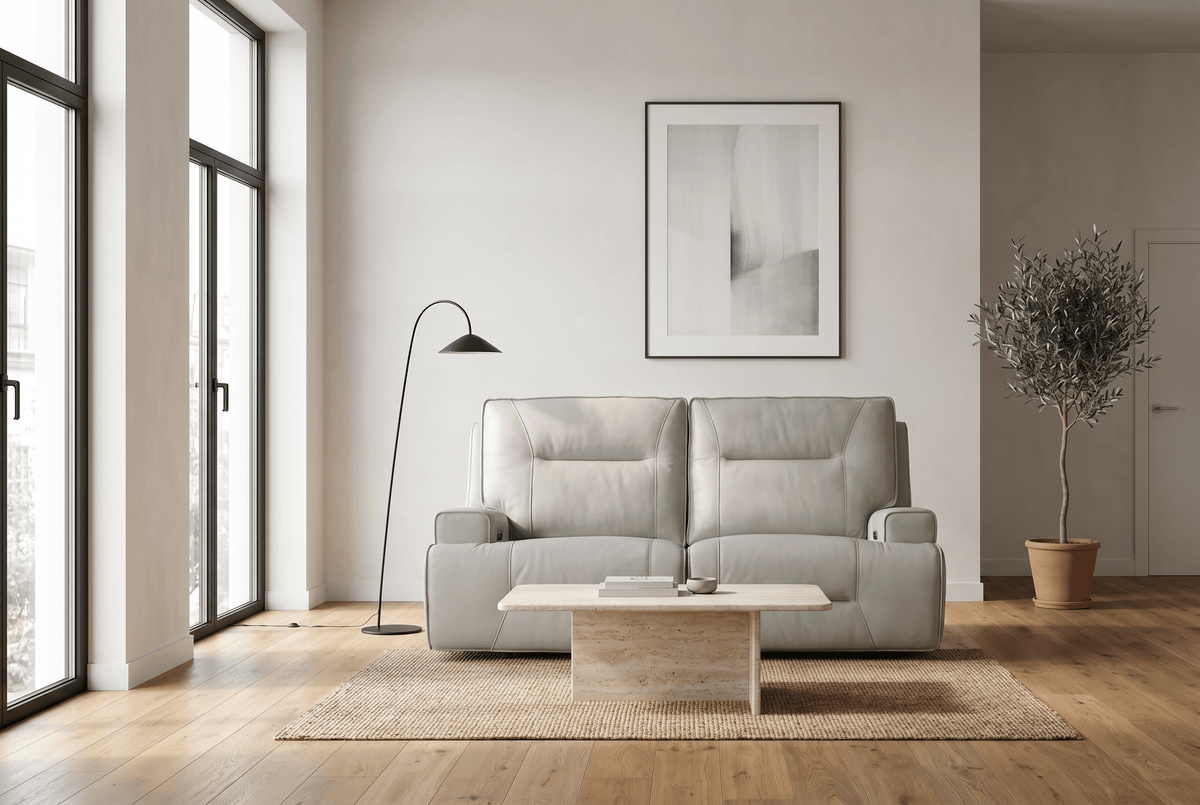 Power Reclining Sofa Set | Fog Leather | 2 Piece Model | Features Fridge