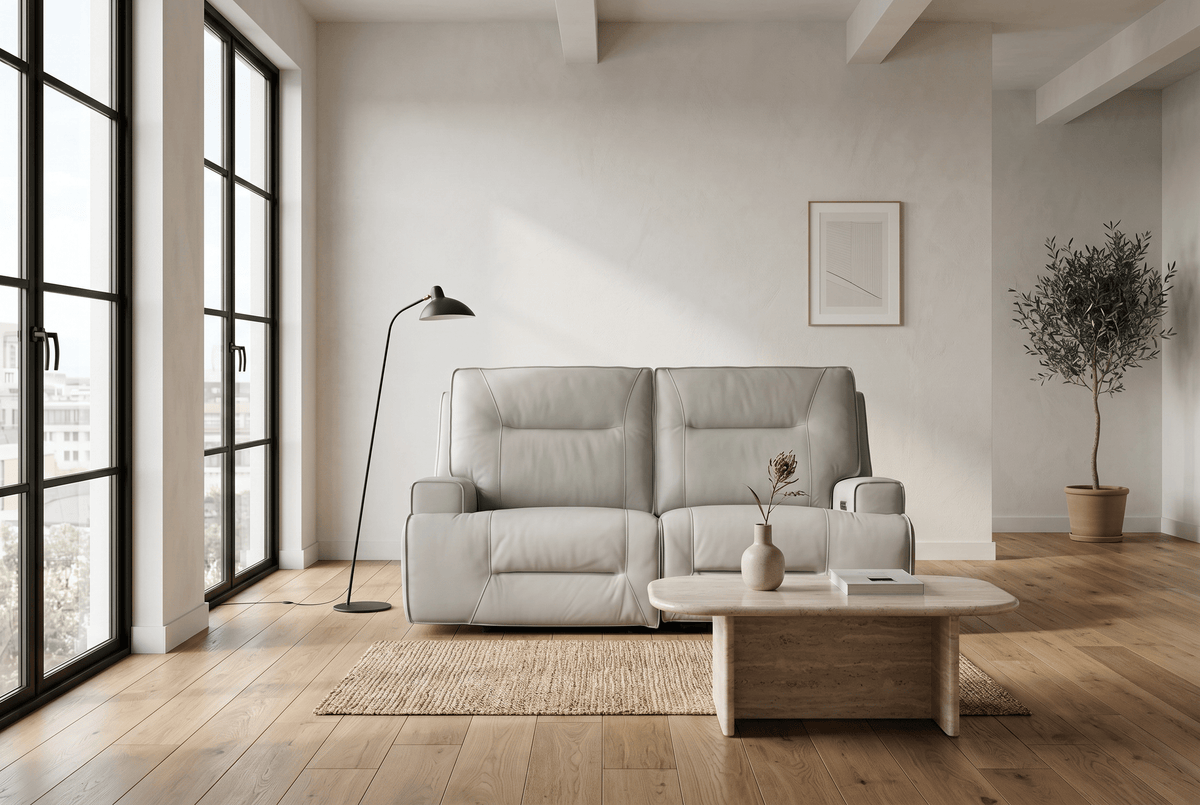 Power Reclining Sofa Set | Fog Leather | 2 Piece Model | Features Fridge