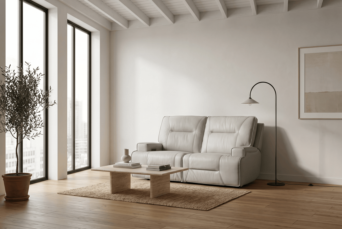 Power Reclining Sofa Set | Fog Leather | 2 Piece Model | Features Fridge