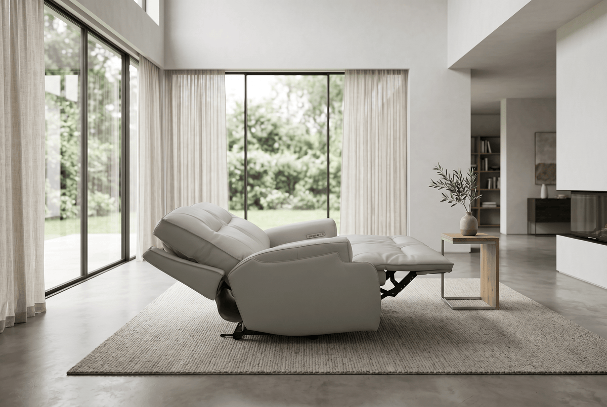 Power Reclining Sofa Set | Fog Leather | 2 Piece Model | Features Fridge