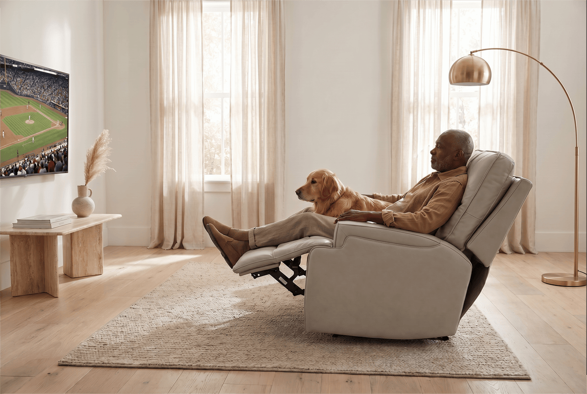 Power Reclining Sofa Set | Fog Leather | 2 Piece Model | Features Fridge