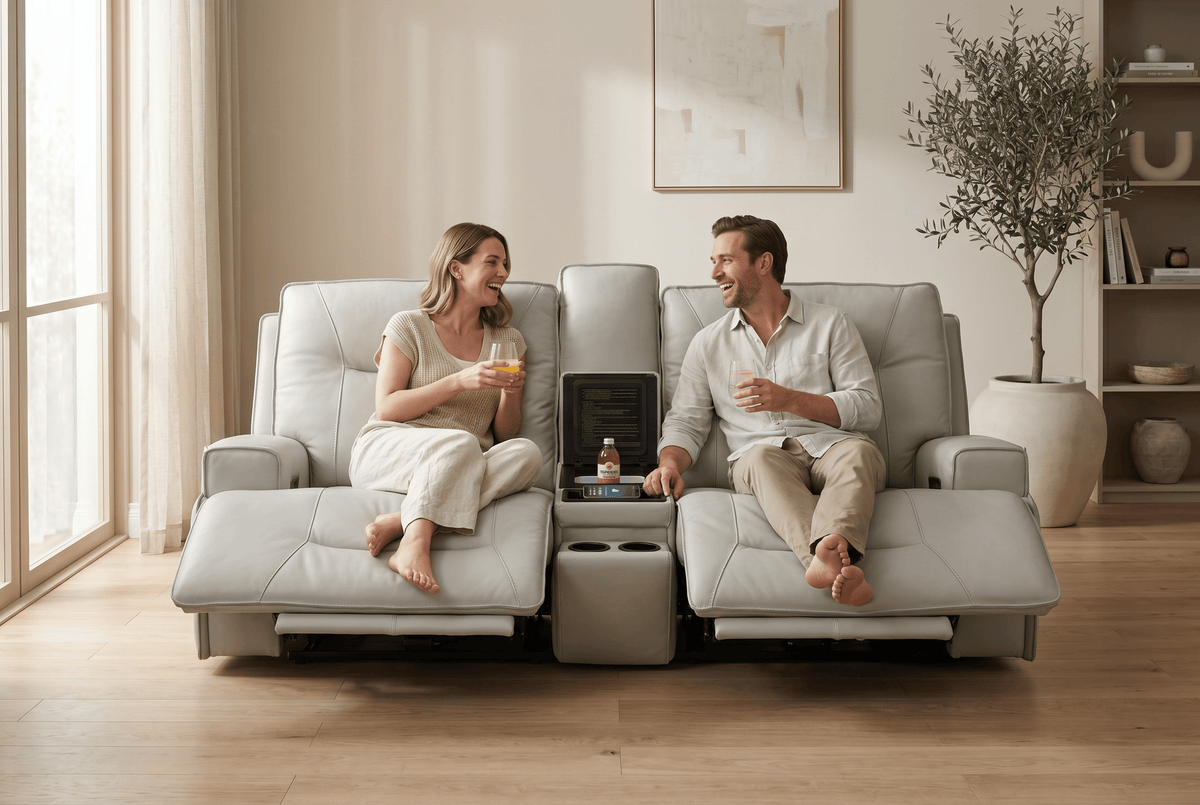Power Reclining Sofa Set | Fog Leather | 2 Piece Model | Features Fridge