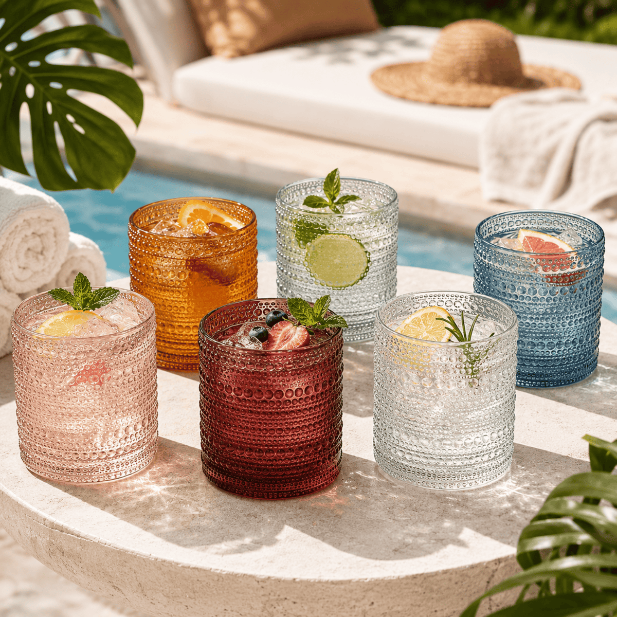 Tonal Hobnail Lowball Glassware, Spring | 11 oz | Set of 6 | Entertaining