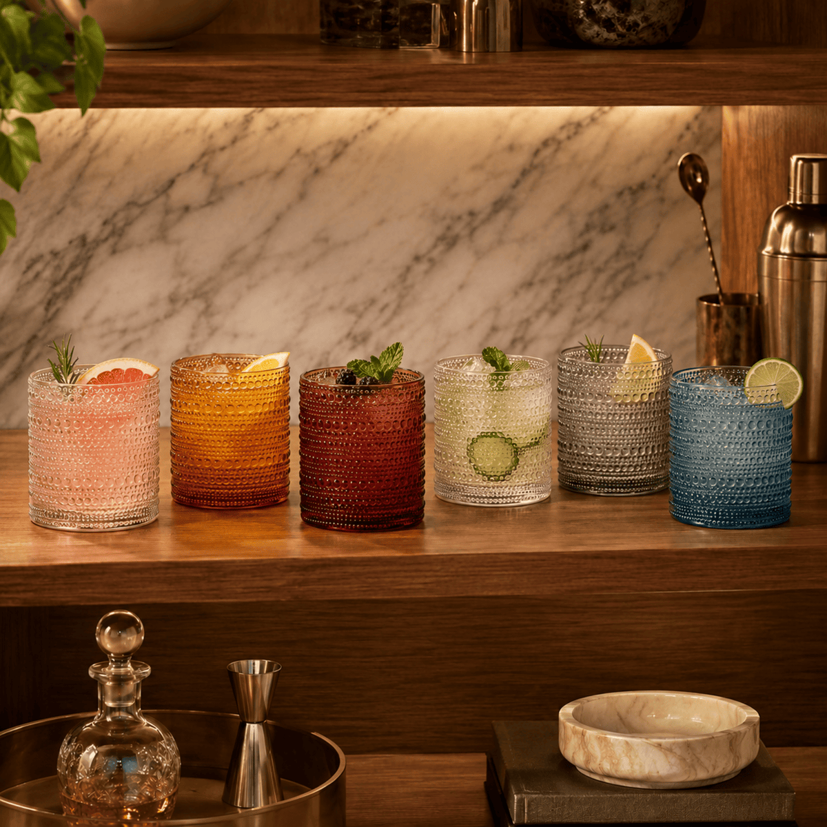 Tonal Hobnail Lowball Glassware, Spring | 11 oz | Set of 6 | Entertaining