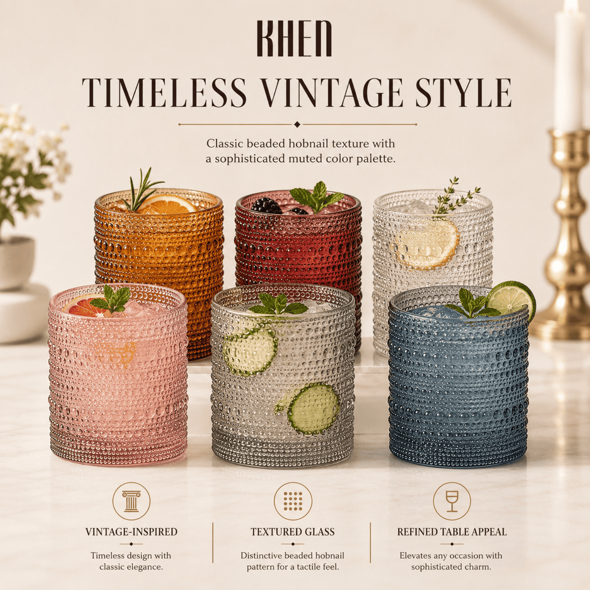 Tonal Hobnail Lowball Glassware, Spring | 11 oz | Set of 6 | Entertaining