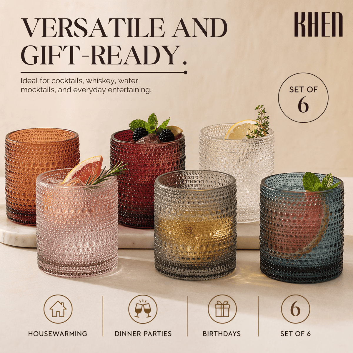 Tonal Hobnail Lowball Glassware, Spring | 11 oz | Set of 6 | Entertaining