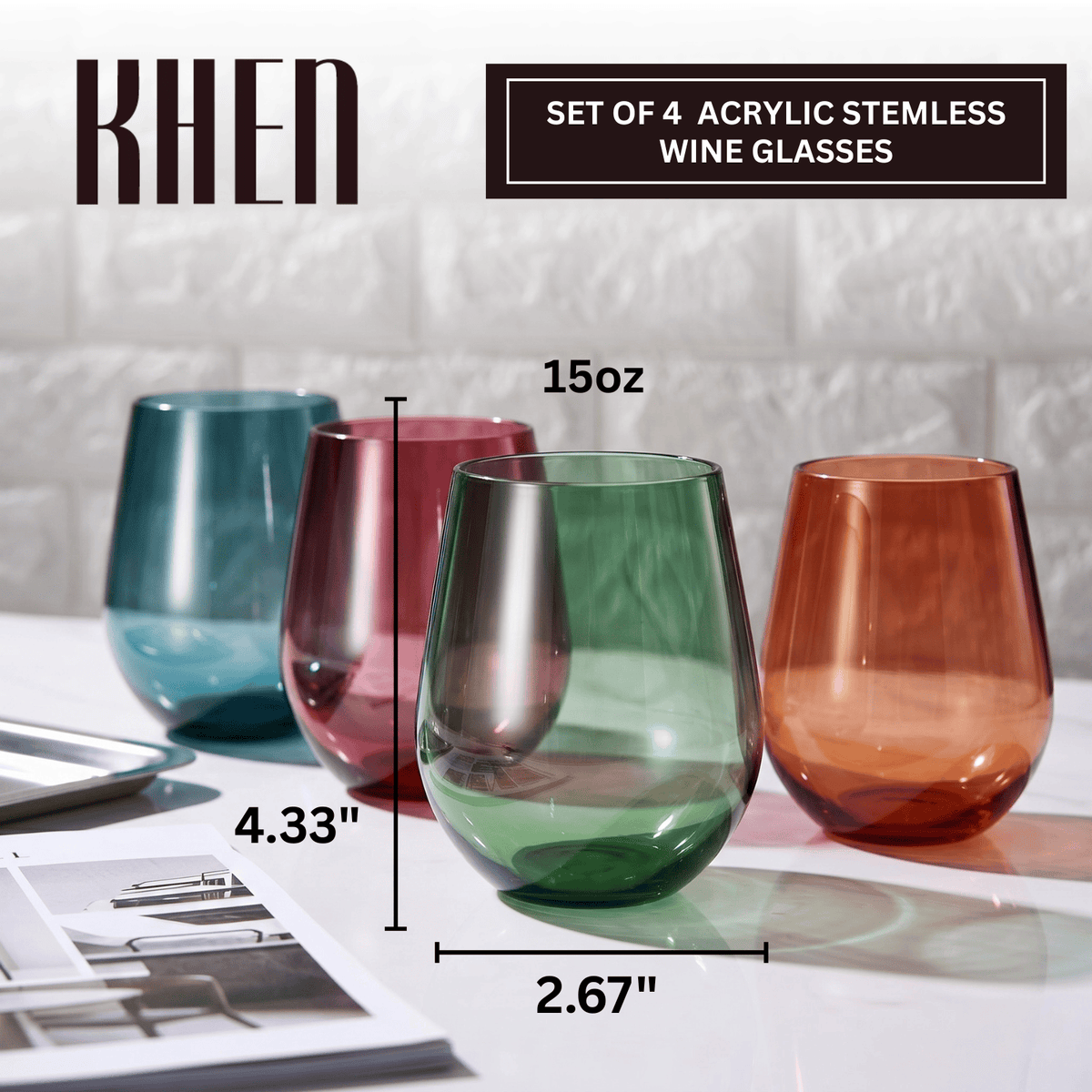Eze Acrylic Stemless Wine Glassware | 15 oz | Set of 4 | Acrylic