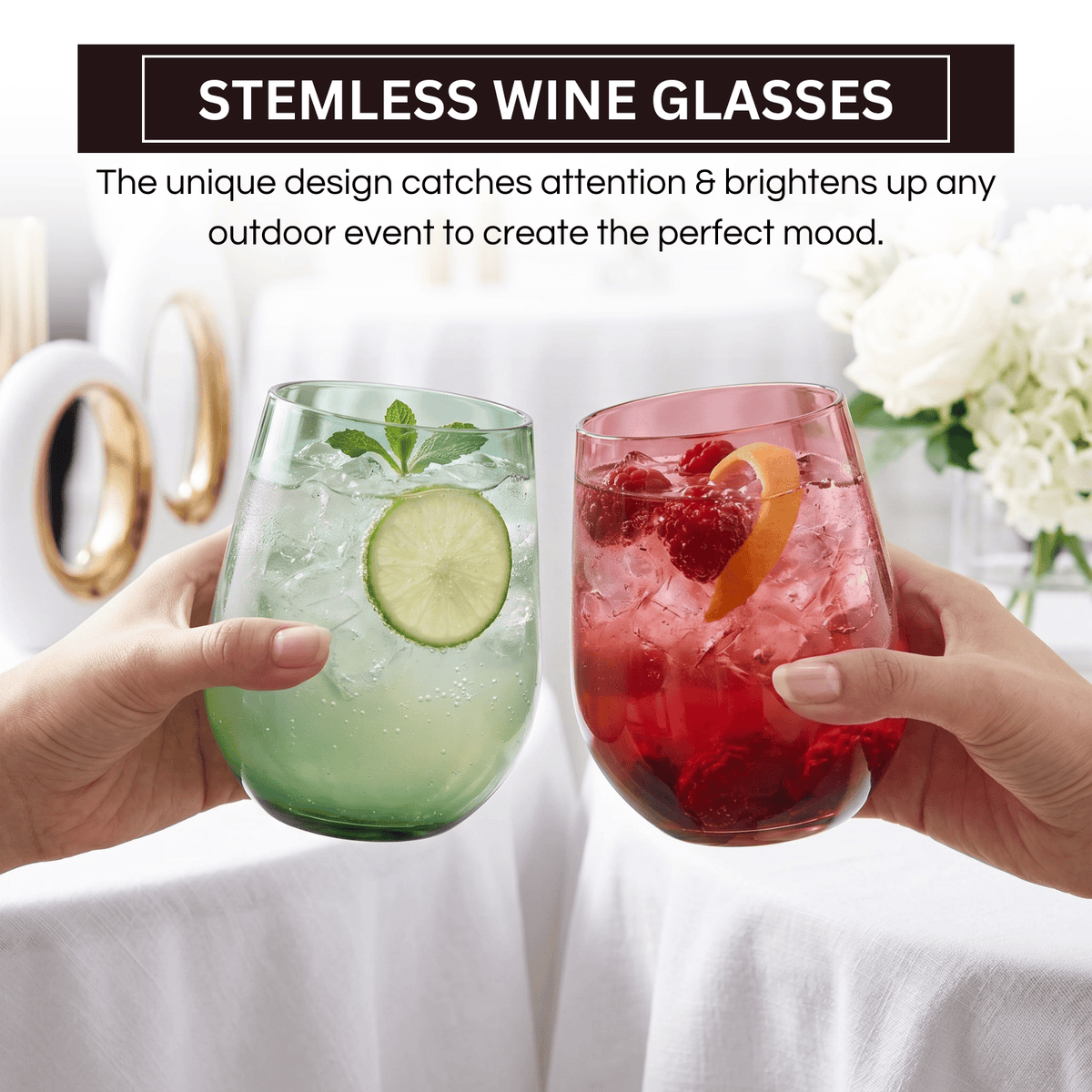 Eze Acrylic Stemless Wine Glassware | 15 oz | Set of 4 | Acrylic