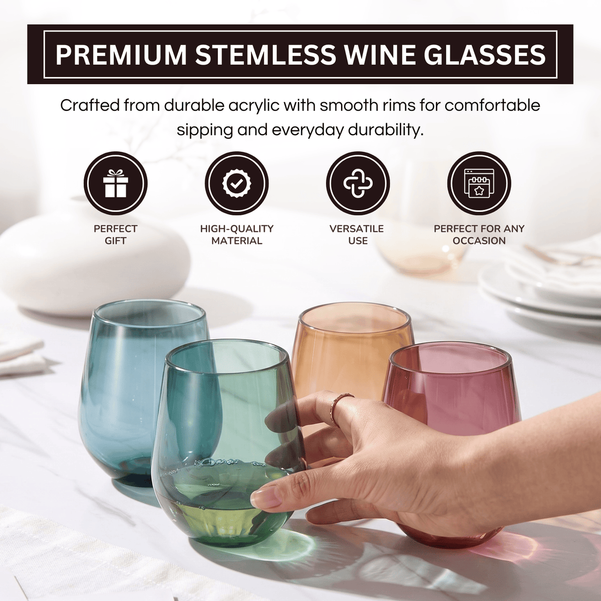 Eze Acrylic Stemless Wine Glassware | 15 oz | Set of 4 | Acrylic