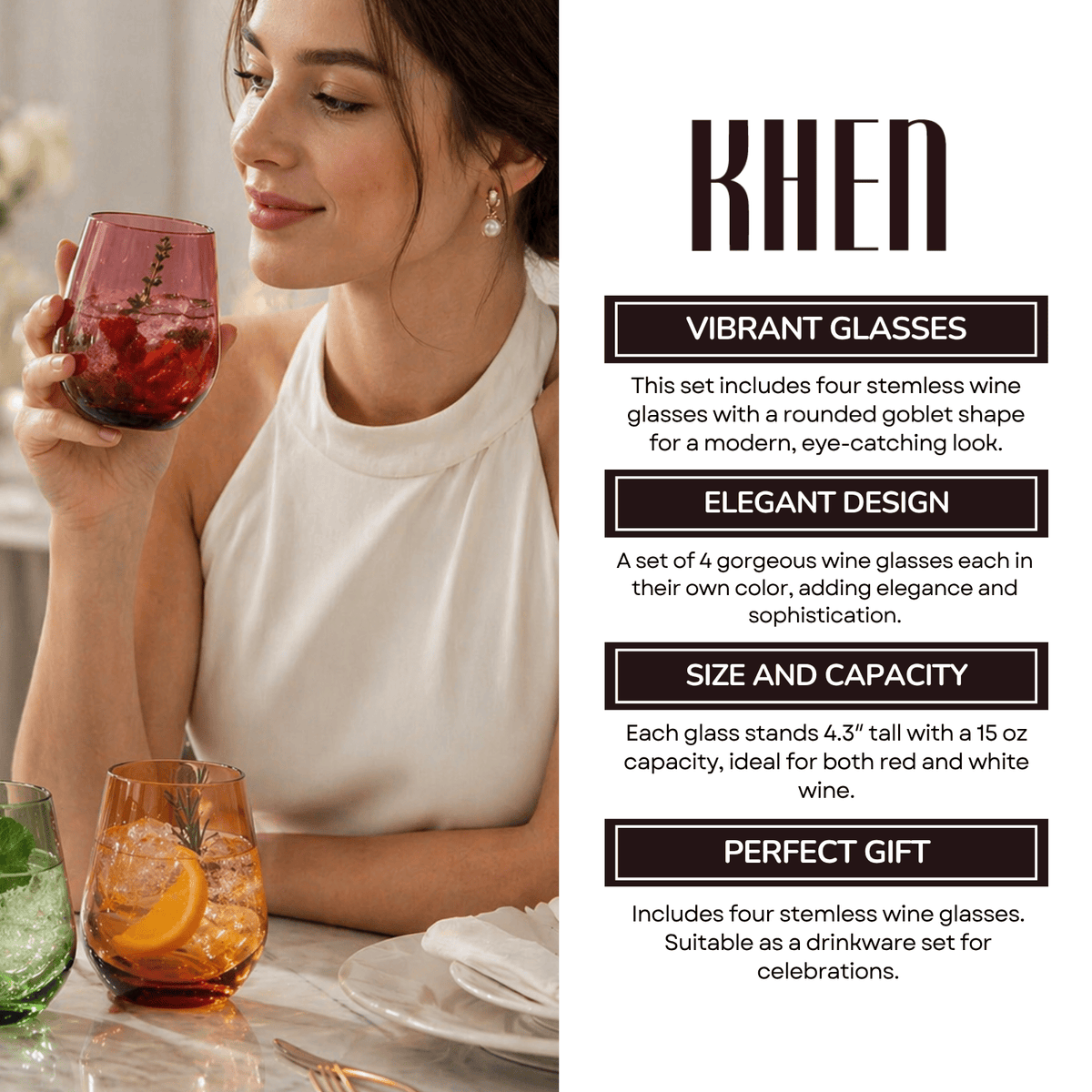 Eze Acrylic Stemless Wine Glassware | 15 oz | Set of 4 | Acrylic