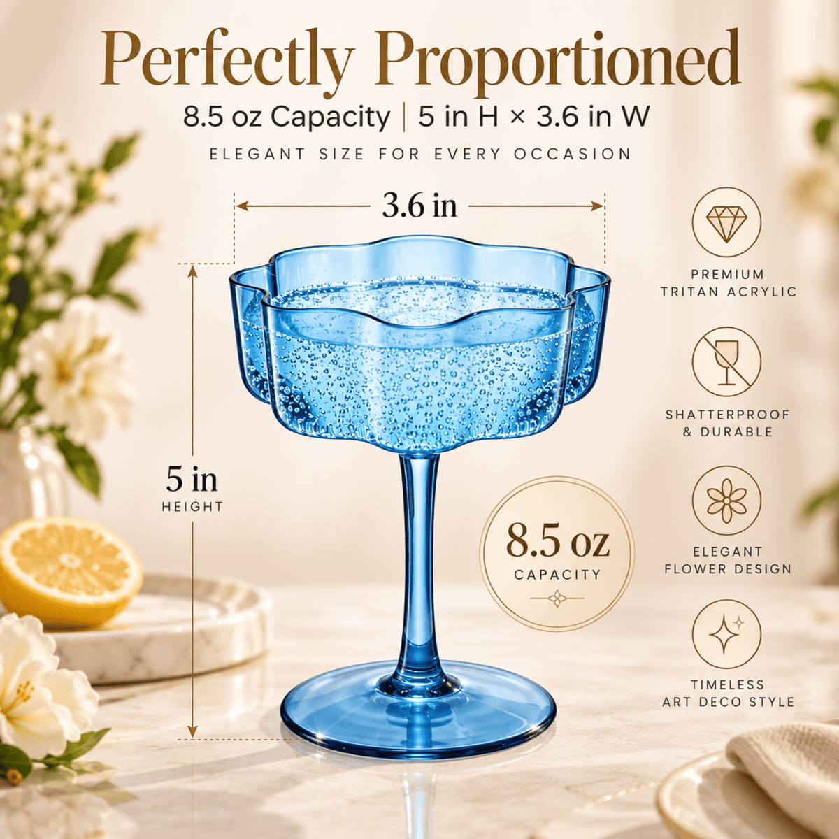 Eze Acrylic Champagne Coupe Cocktail Glassware | 8.5 oz | Set of 4 | Acrylic