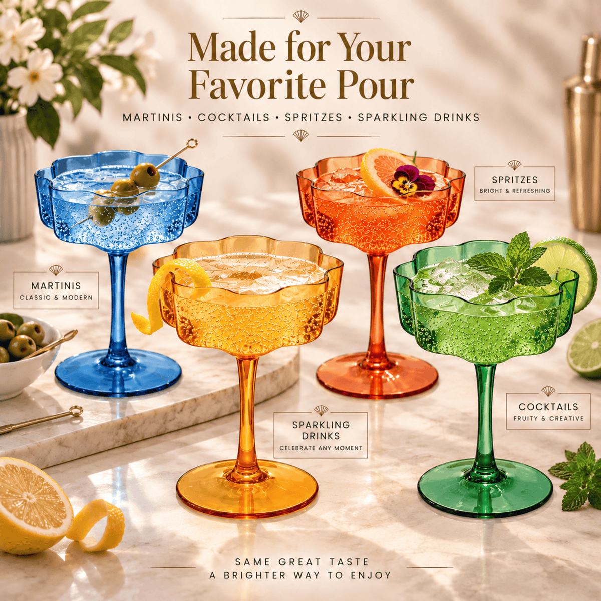 Eze Acrylic Champagne Coupe Cocktail Glassware | 8.5 oz | Set of 4 | Acrylic