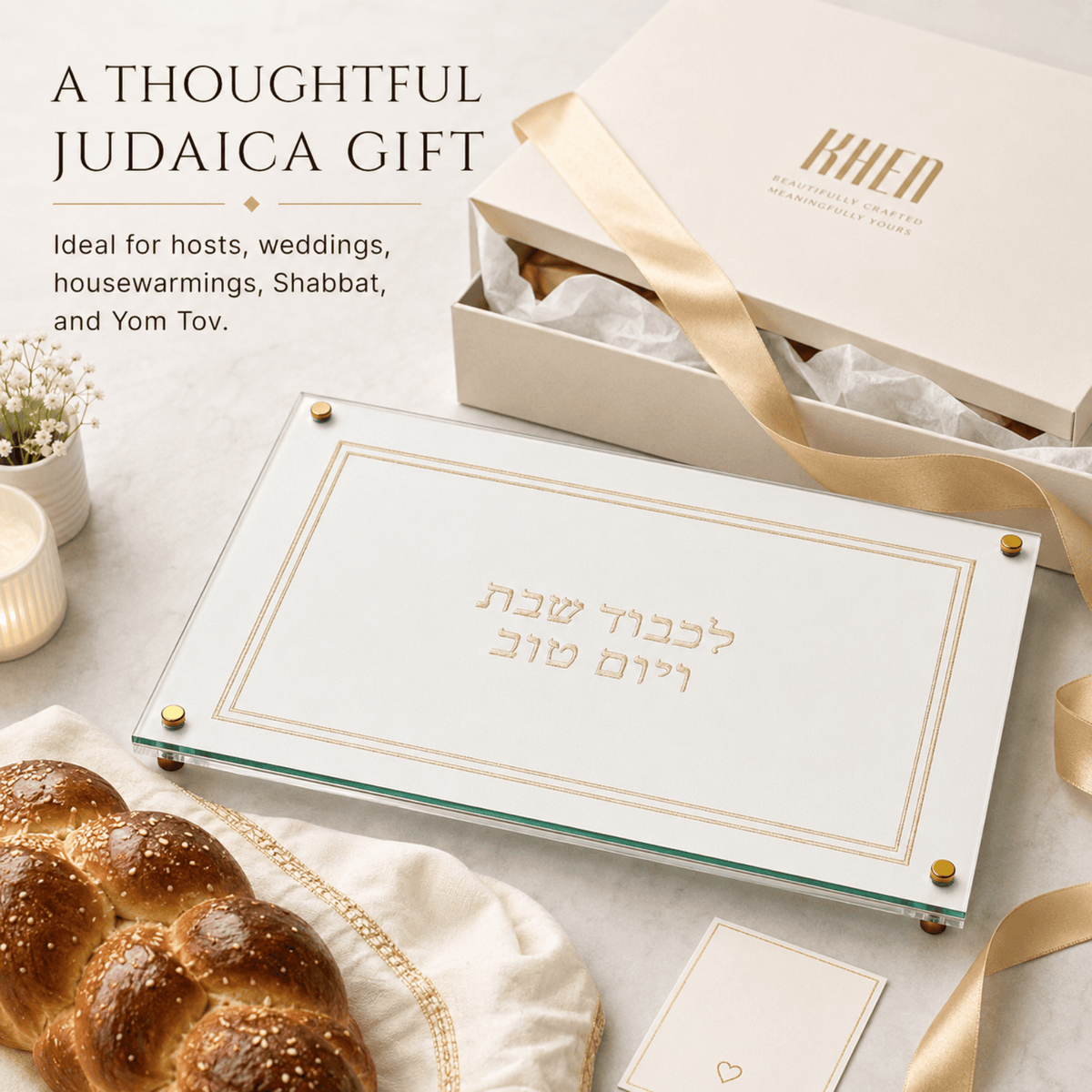 Acrylic Lucite Challah Bread Cutting Board, Gold & White | Acrylic | Home Decor | Gift Ready