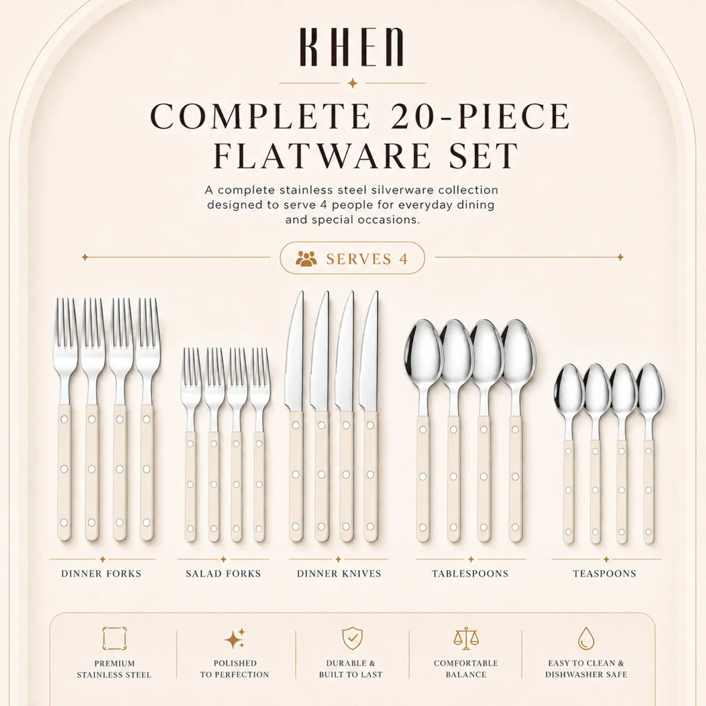 Khen Cream Cutlery Set of 20 –18/8 Stainless Steel Flatware