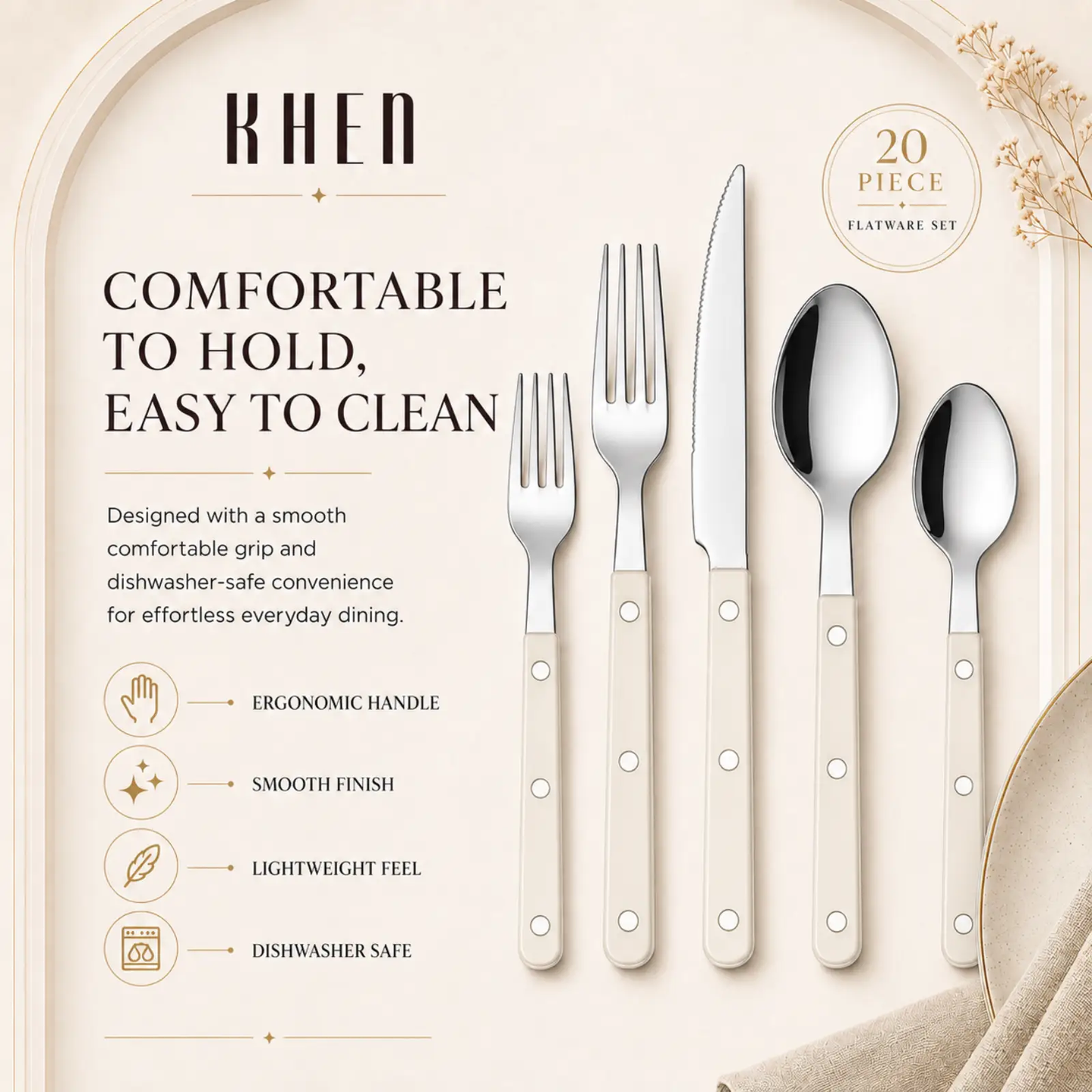 Khen Cream Cutlery Set of 20 –18/8 Stainless Steel Flatware