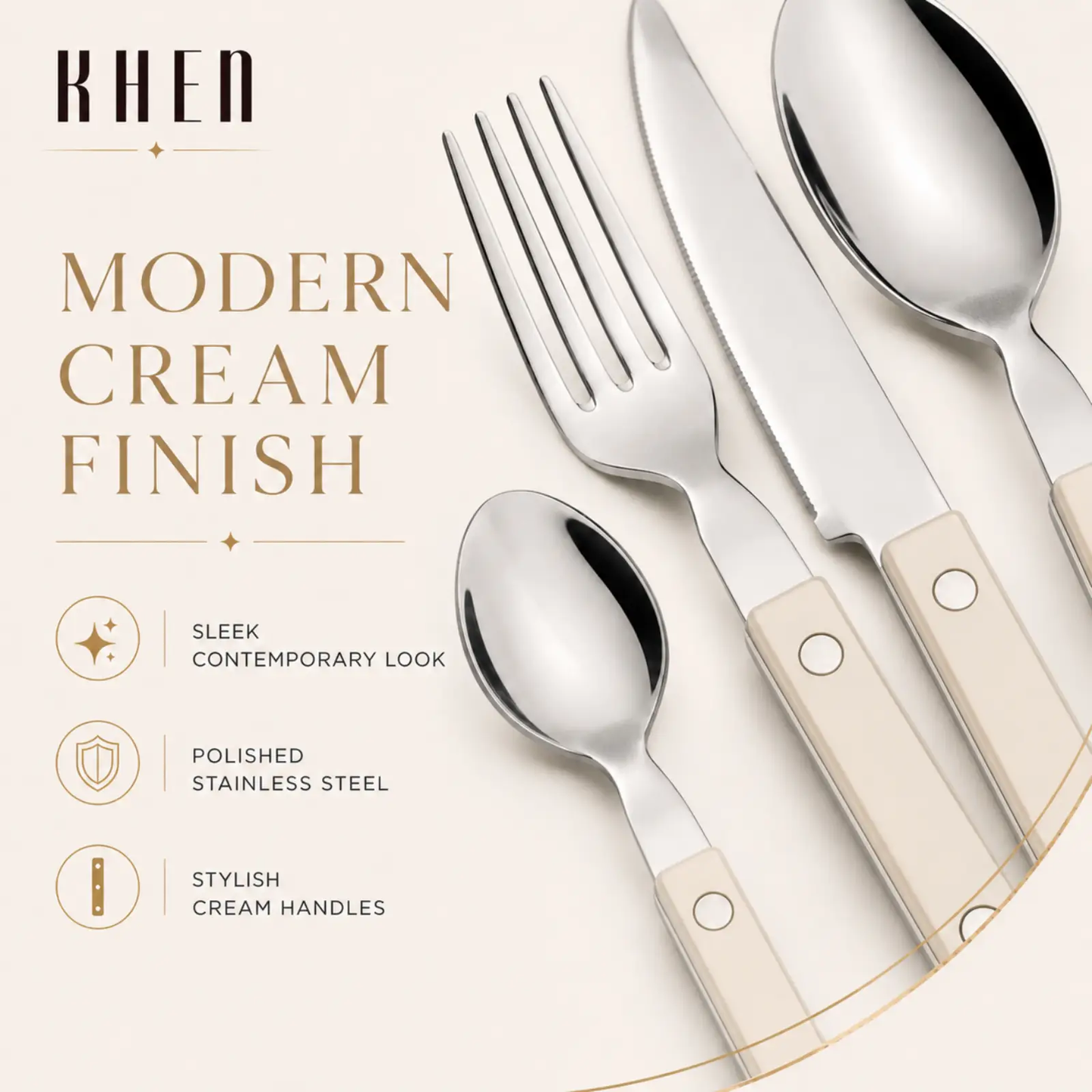 Khen Cream Cutlery Set of 20 –18/8 Stainless Steel Flatware