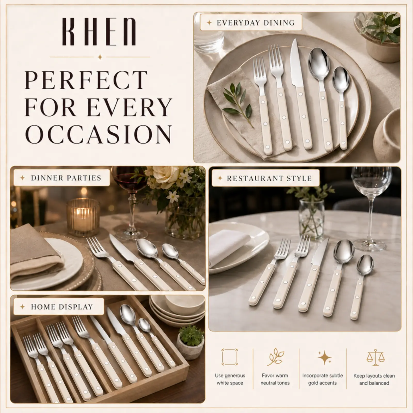 Khen Cream Cutlery Set of 20 –18/8 Stainless Steel Flatware