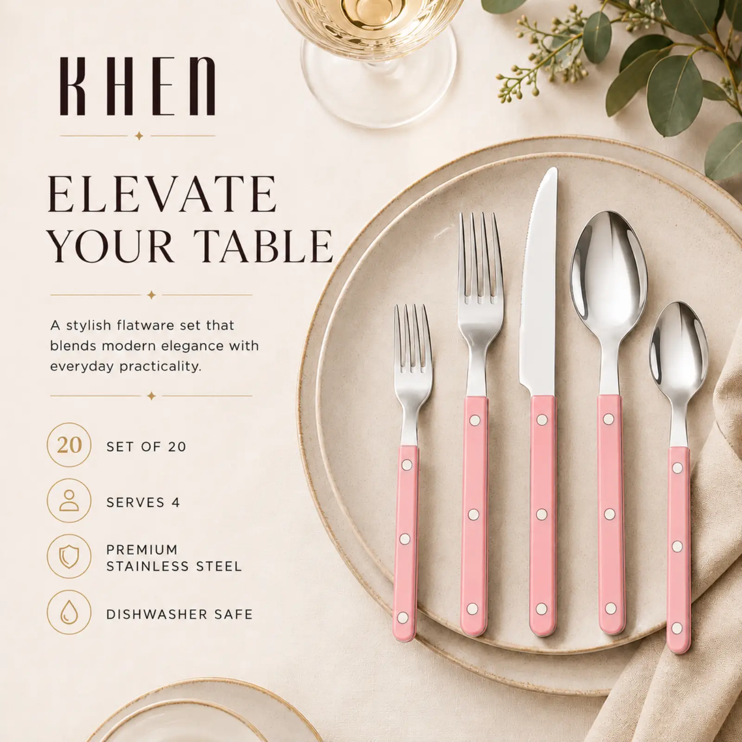 Khen Pink Cutlery Set of 20 –18/8 Stainless Steel Flatware