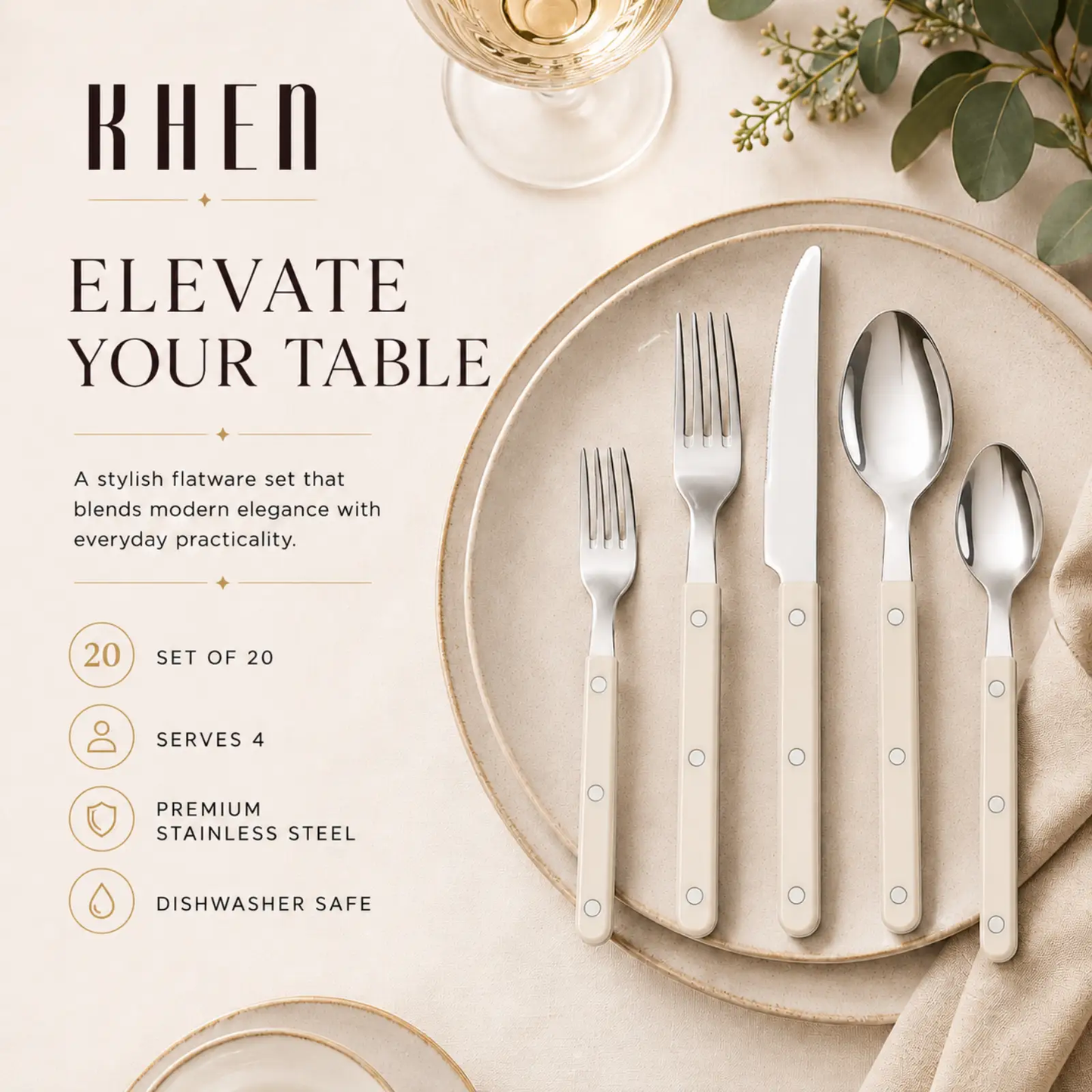 Khen Cream Cutlery Set of 20 –18/8 Stainless Steel Flatware