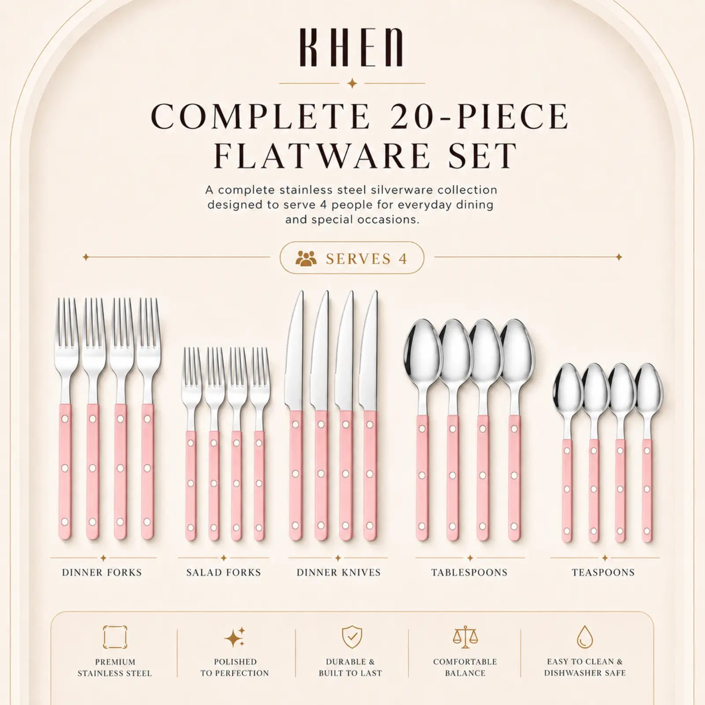 Khen Pink Cutlery Set of 20 –18/8 Stainless Steel Flatware