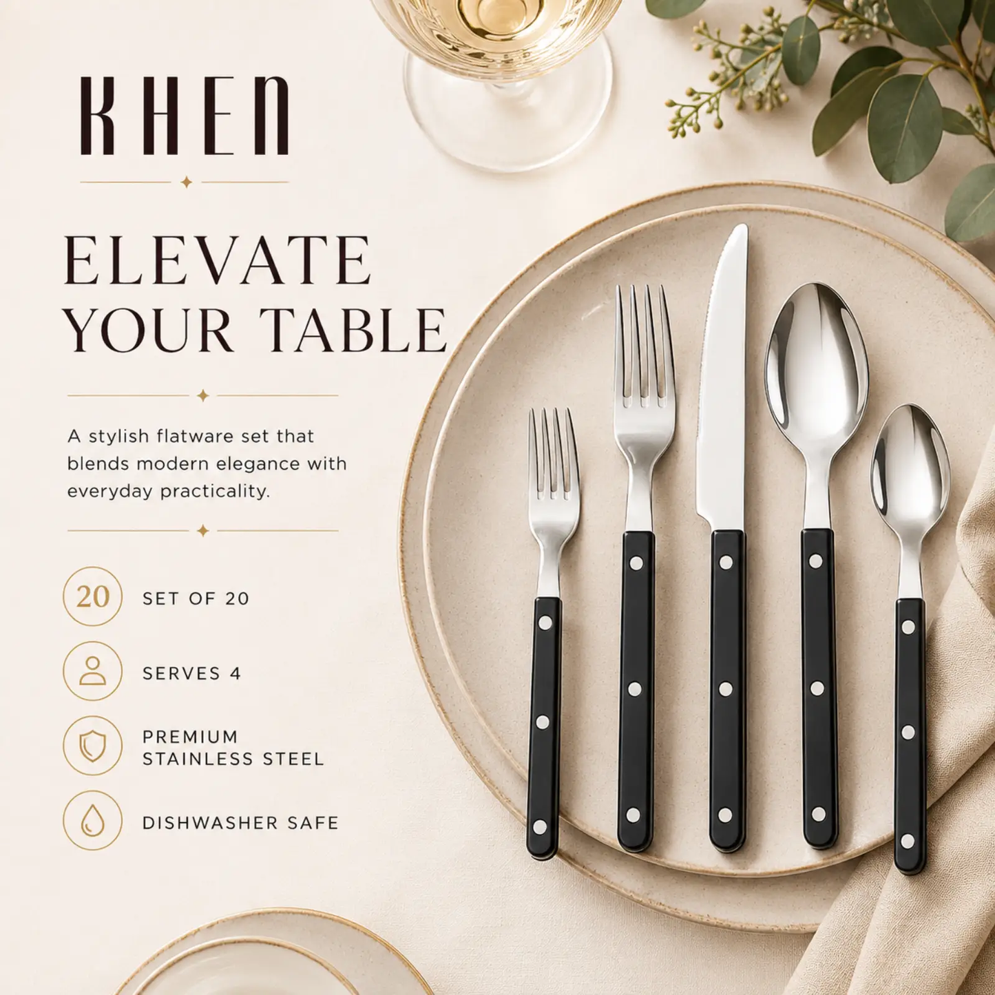 Khen Black Cutlery Set of 20 –18/8 Stainless Steel Flatware