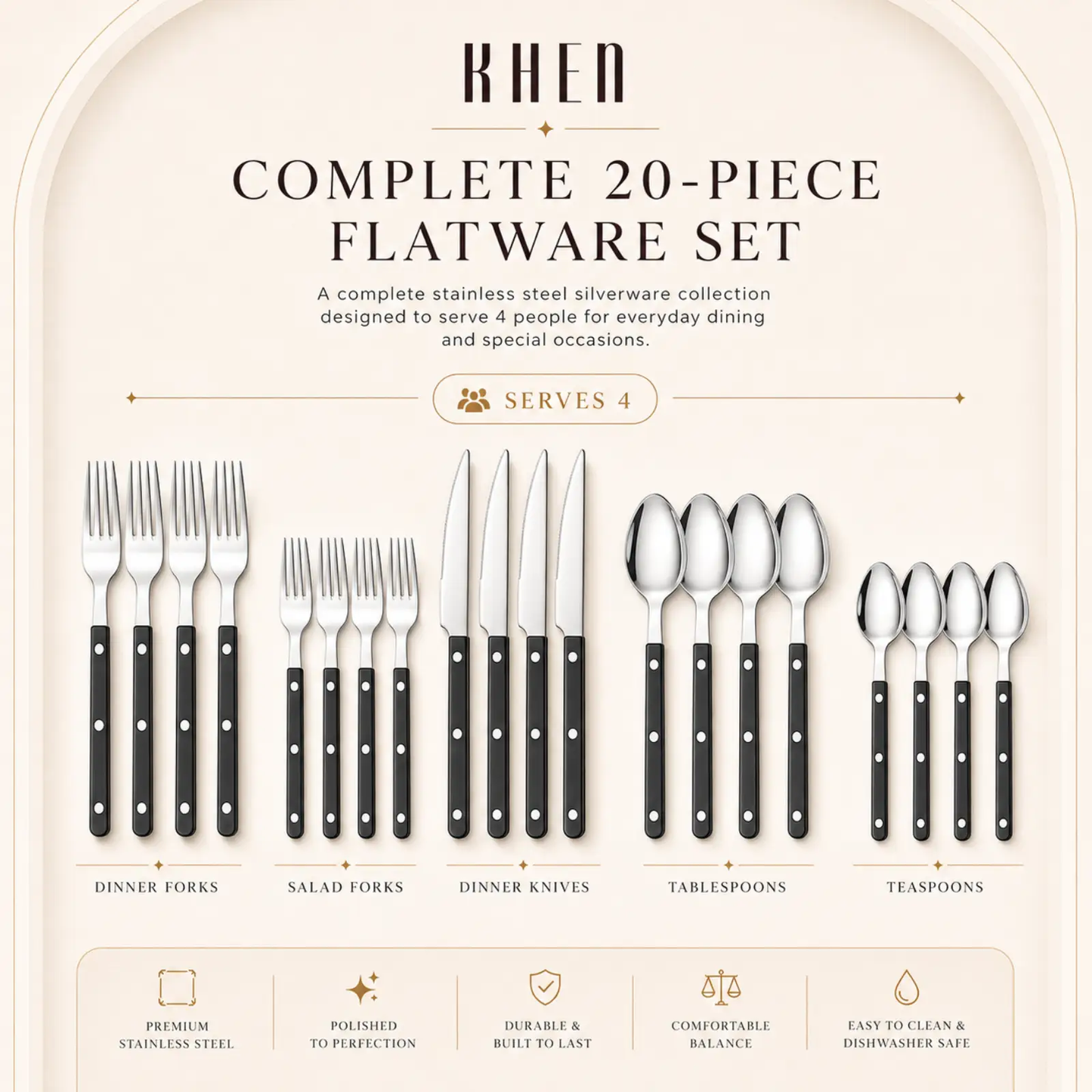 Khen Black Cutlery Set of 20 –18/8 Stainless Steel Flatware