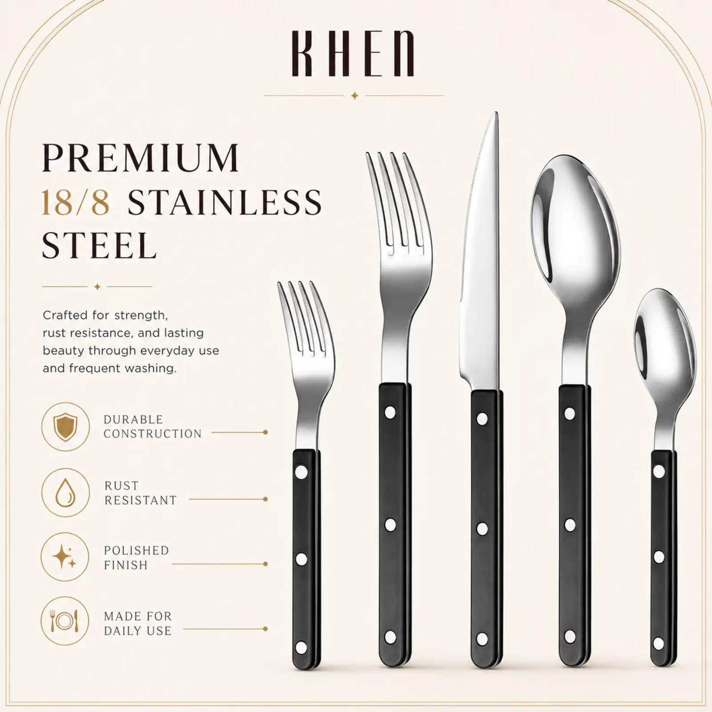 Khen Black Cutlery Set of 20 –18/8 Stainless Steel Flatware