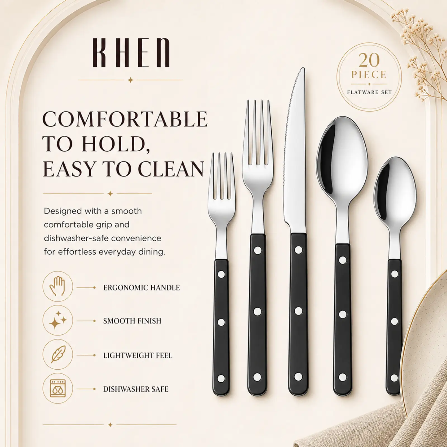 Khen Black Cutlery Set of 20 –18/8 Stainless Steel Flatware