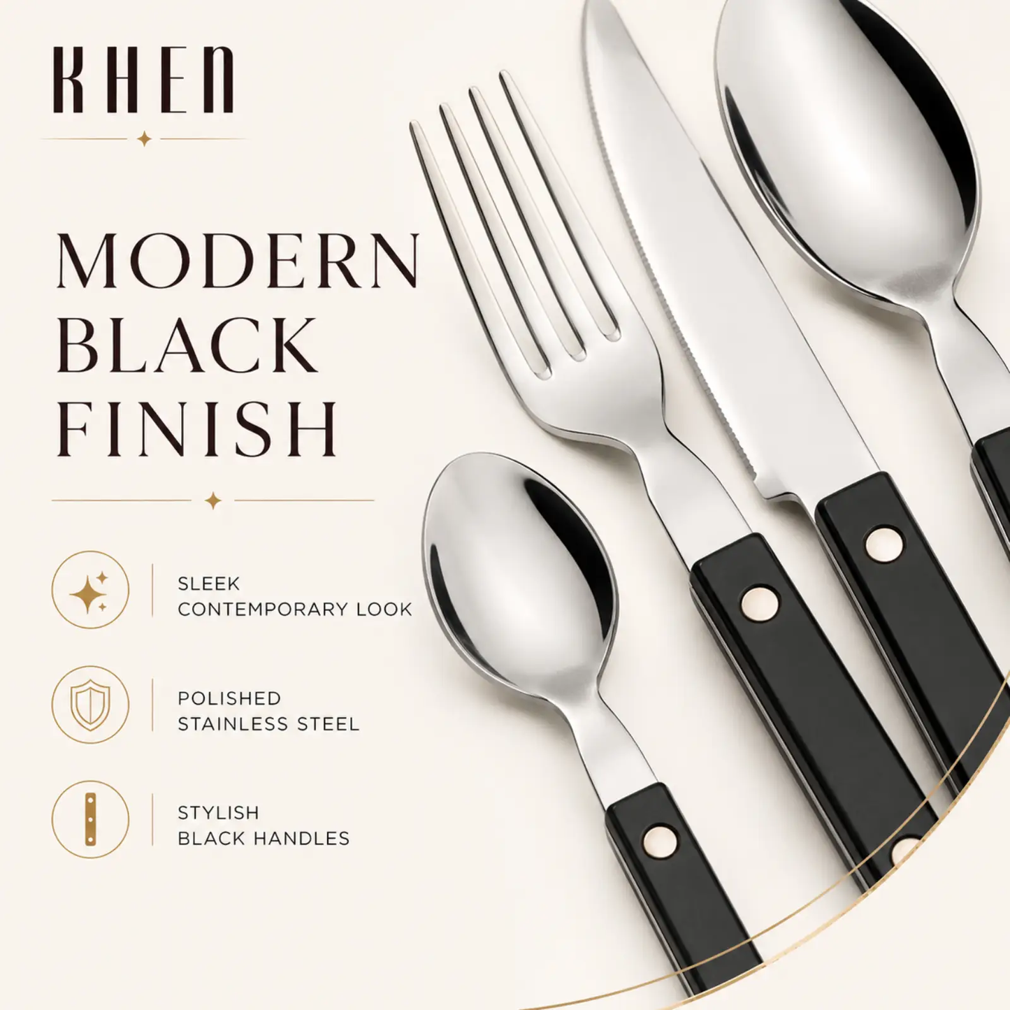 Khen Black Cutlery Set of 20 –18/8 Stainless Steel Flatware