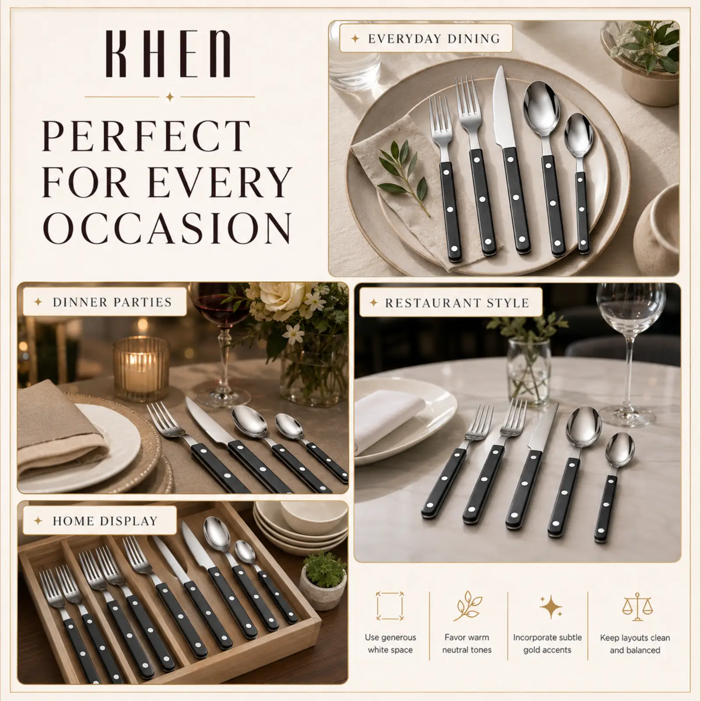 Khen Black Cutlery Set of 20 –18/8 Stainless Steel Flatware