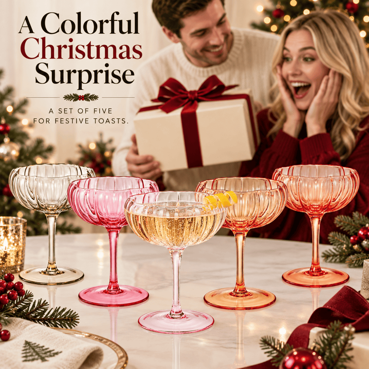 Flower Coupe Cocktail Glasses Bright Colors | Set of 4 | Glass | Entertaining