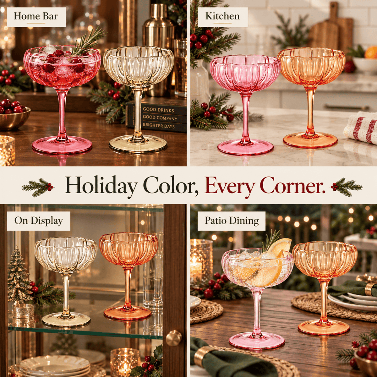 Flower Coupe Cocktail Glasses Bright Colors | Set of 4 | Glass | Entertaining