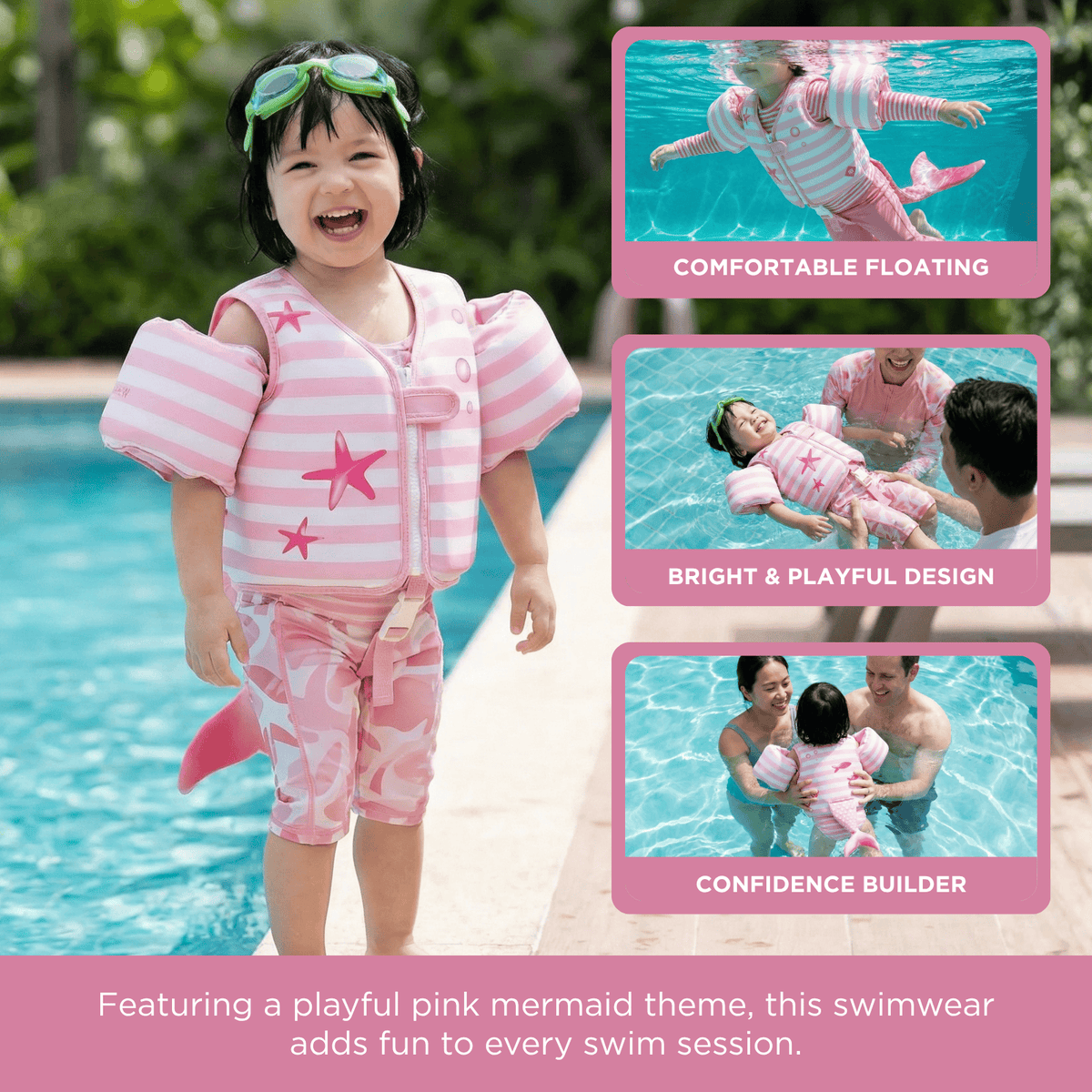 Floating Jackets with Sleeves for Pool or Beach 1-3 Years Pink Mermaid | Swim Vest | Home Decor | Gift Ready