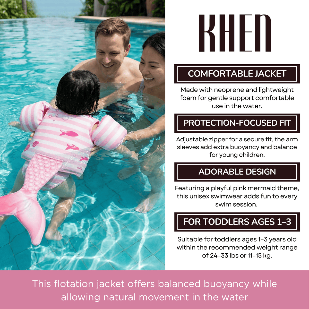 Floating Jackets with Sleeves for Pool or Beach 1-3 Years Pink Mermaid | Swim Vest | Home Decor | Gift Ready