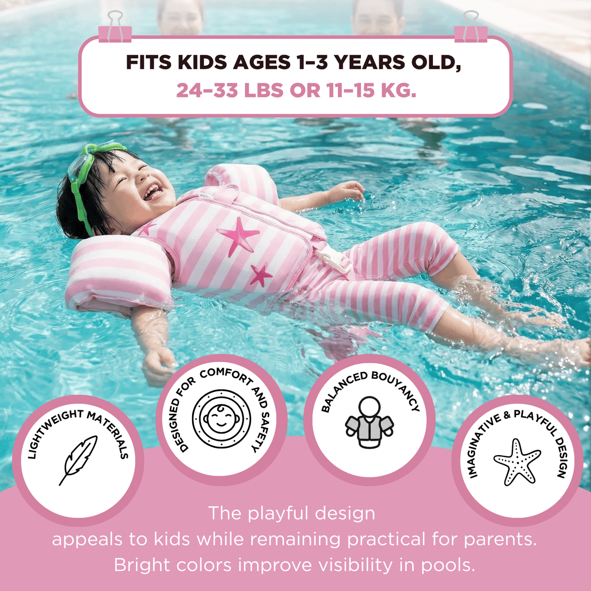Floating Jackets with Sleeves for Pool or Beach 1-3 Years Pink Mermaid | Swim Vest | Home Decor | Gift Ready
