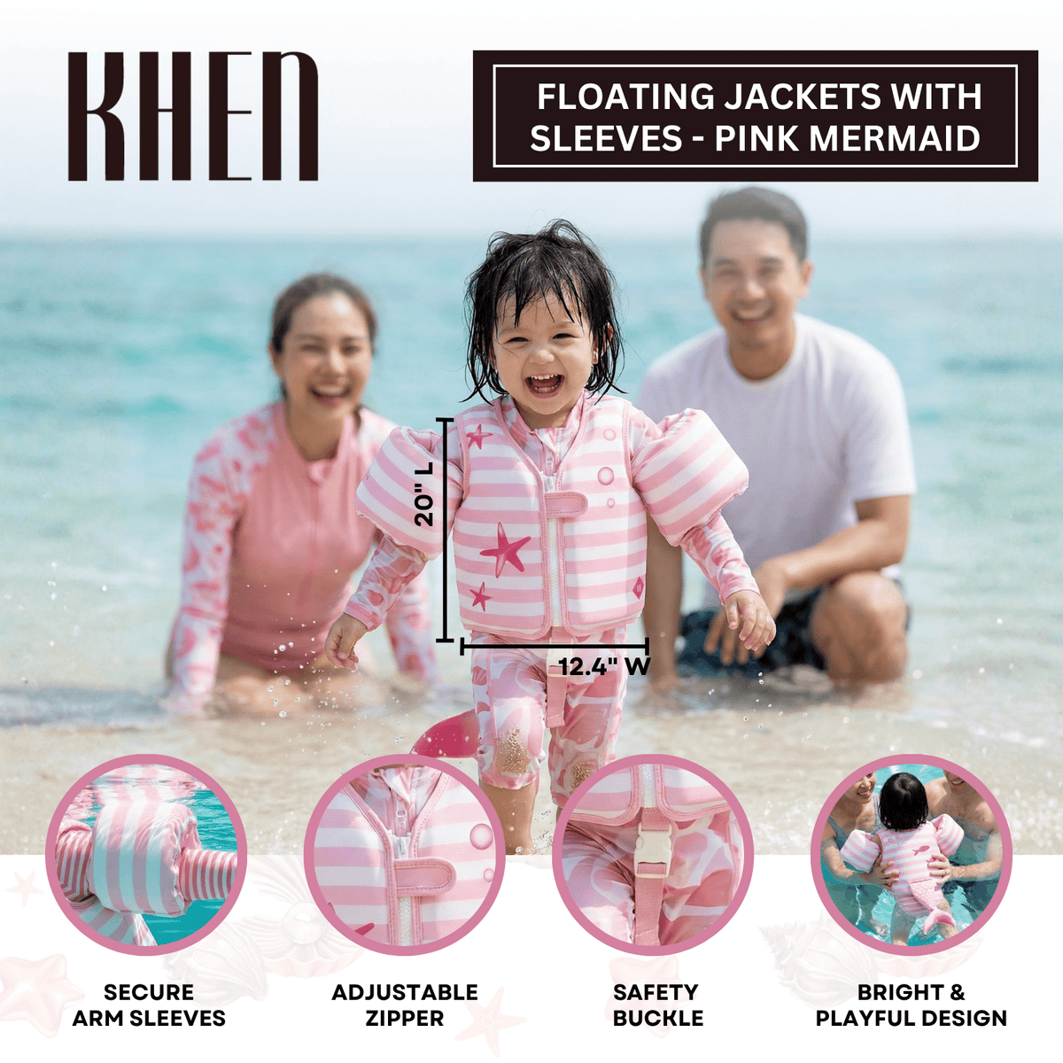 Floating Jackets with Sleeves for Pool or Beach 1-3 Years Pink Mermaid | Swim Vest | Home Decor | Gift Ready