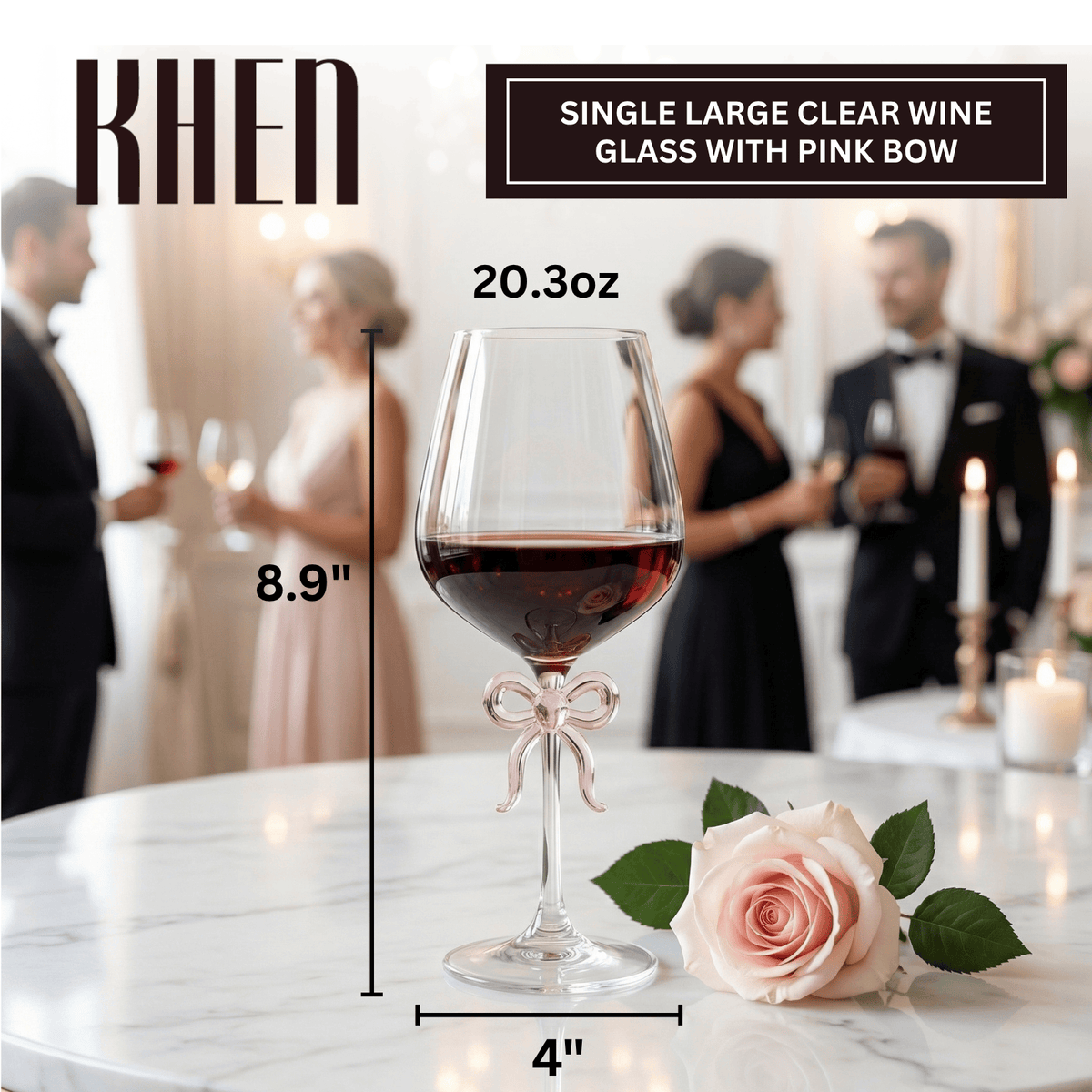 Large Clear Wine Glass with Pink Bow on Stem, One Piece | 20.3 oz | Glass | Entertaining
