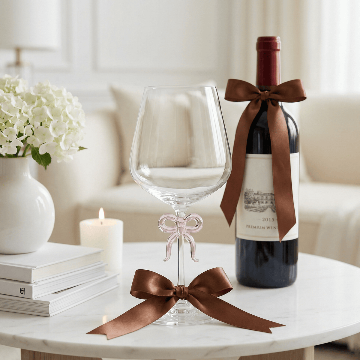 Large Clear Wine Glass with Pink Bow on Stem, One Piece | 20.3 oz | Glass | Entertaining