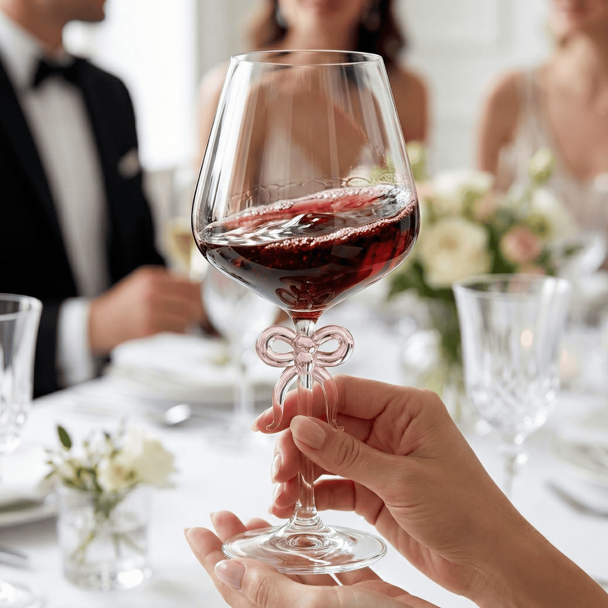 Large Clear Wine Glass with Pink Bow on Stem, One Piece | 20.3 oz | Glass | Entertaining