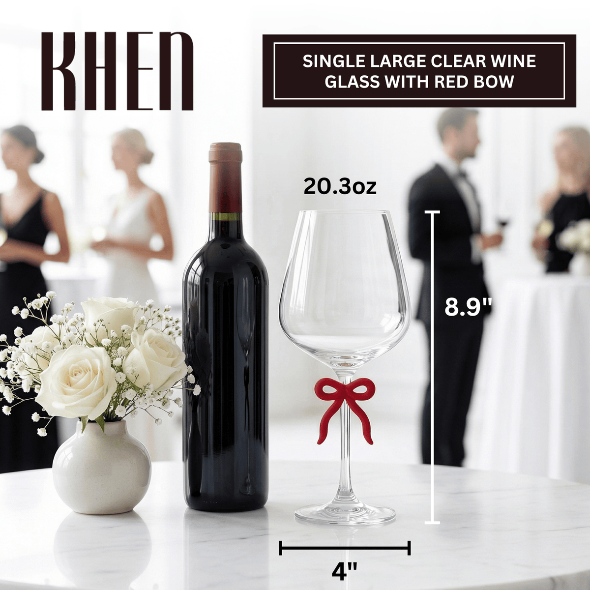 Large Clear Wine Glass with Red Bow on Stem, One Piece | 20.3 oz | Glass | Entertaining