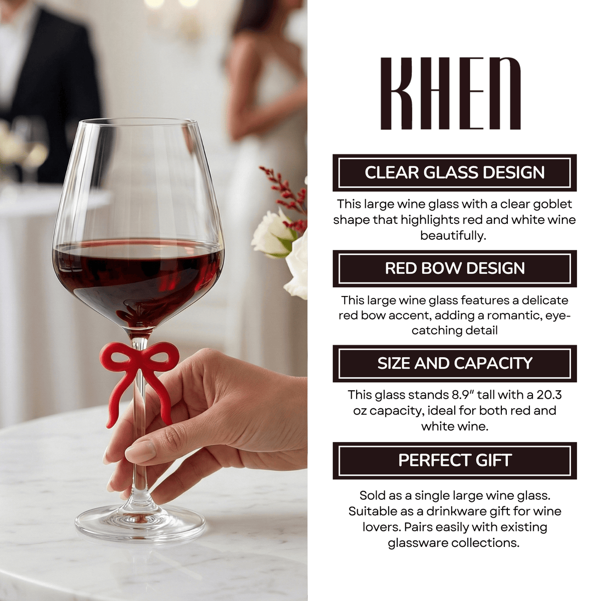 Large Clear Wine Glass with Red Bow on Stem, One Piece | 20.3 oz | Glass | Entertaining