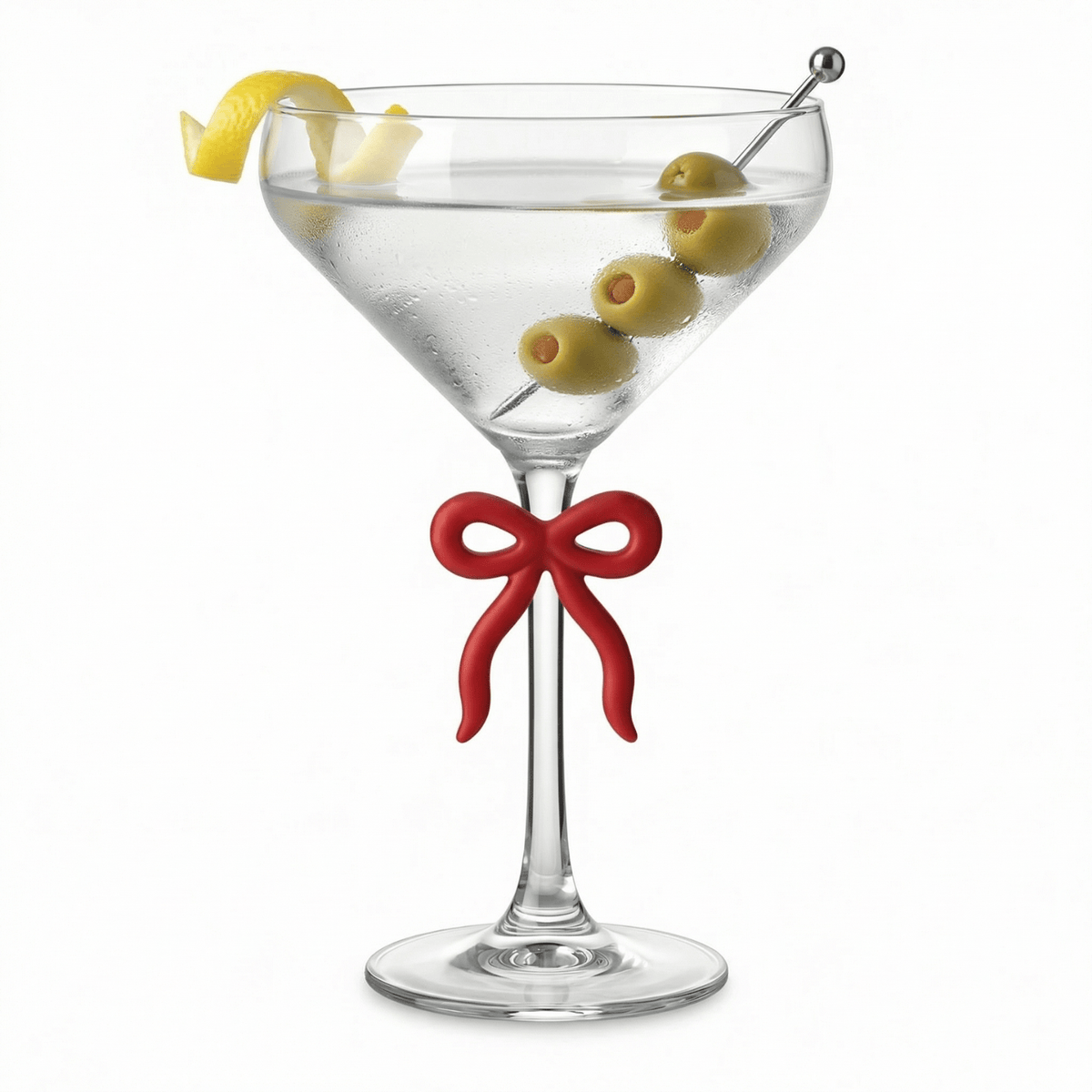 Single Clear Martini Glass with Red Bow on Stem, One Piece | 10.8 oz | Glass | Cocktail Glass