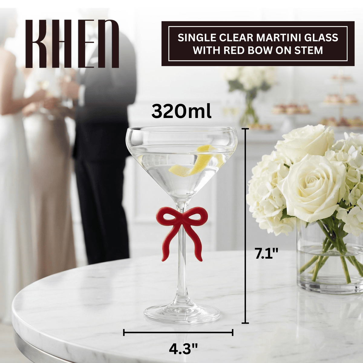 Single Clear Martini Glass with Red Bow on Stem, One Piece | 10.8 oz | Glass | Cocktail Glass