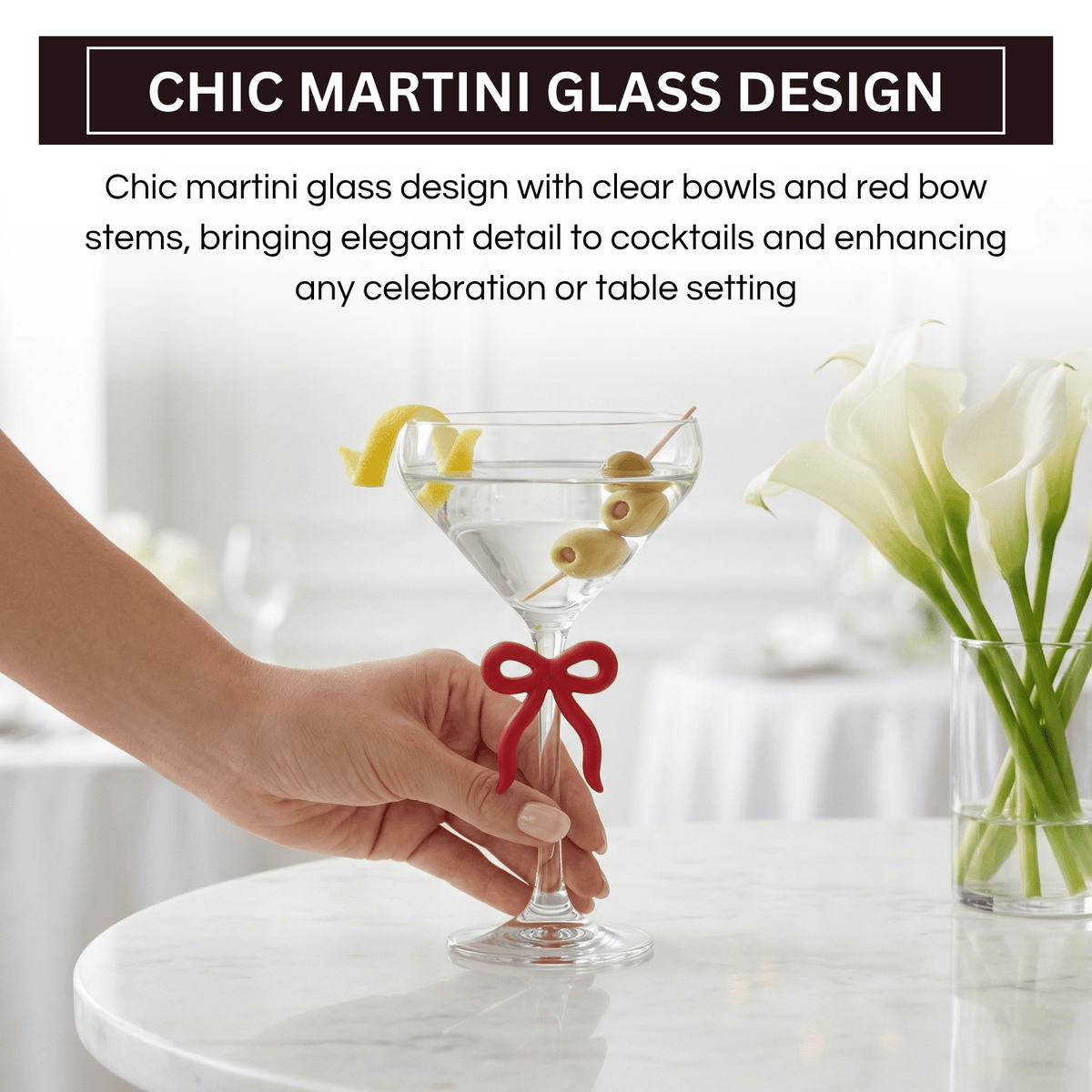 Single Clear Martini Glass with Red Bow on Stem, One Piece | 10.8 oz | Glass | Cocktail Glass