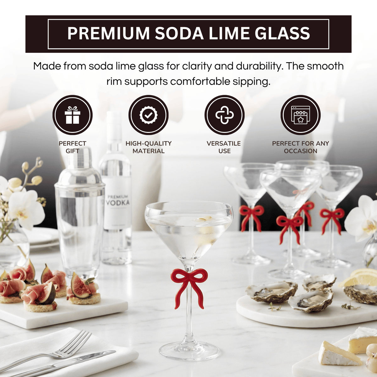 Single Clear Martini Glass with Red Bow on Stem, One Piece | 10.8 oz | Glass | Cocktail Glass
